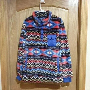 Men's size Medium multicolor pull over 1/4 button Sherpa with pockets soft
